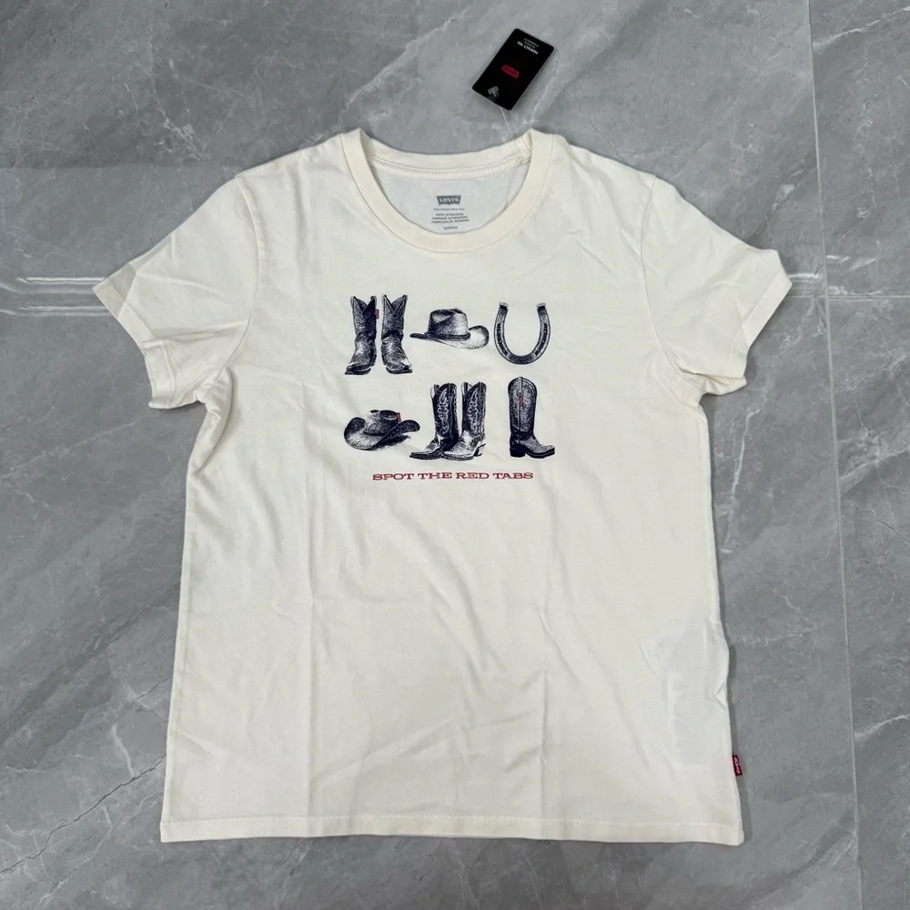 Women’s Levi’s Perfect T-Shirt Moody Spot The Tab Cowboy Boots Graphic Small - Picture 3 of 16